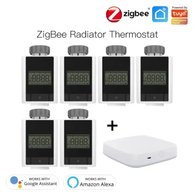 [セット] 6PCS Zigbee TRV サーモスタット ラジエーター バルブ コントローラー アクチュエーター スマート サーモスタット 1PC Zigbee ハブ APP リモコン付き Alexa Acho Google Home